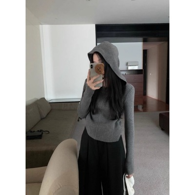 不规则弧形下摆秋冬慵懒风毛衣针织衫女短款打底连帽毛织上衣