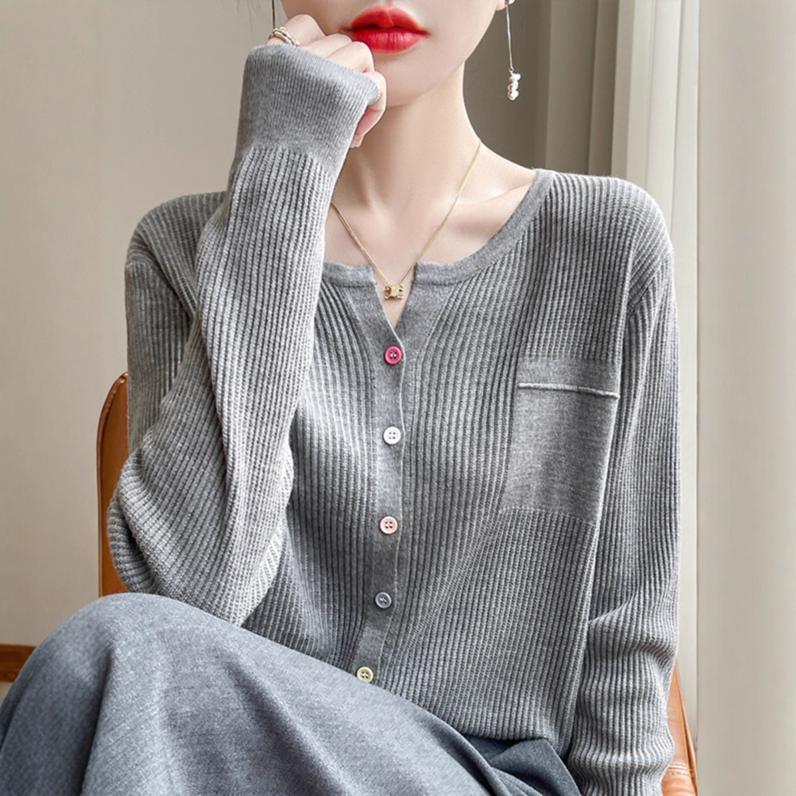 半开领时尚显瘦羊毛混纺针织套头早秋打底衫女气质百搭上衣A6734