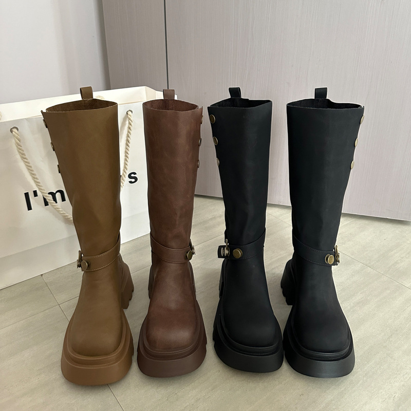 美拉德棕色时尚长筒靴女2025春夏新款粗腿骑士靴小个子高筒靴