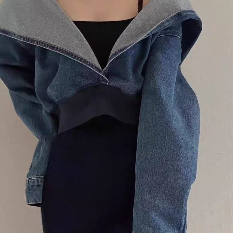 美式复古蓝色连帽牛仔外套女2025春秋甜酷风辣妹短款长袖外套上衣