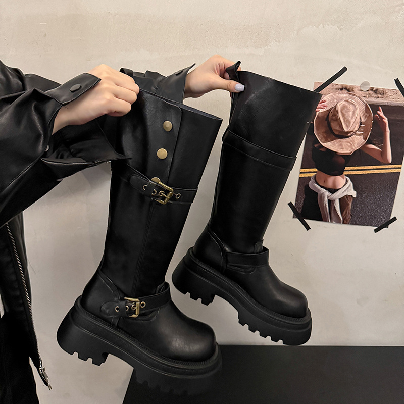 厚底棕色小个子中筒骑士靴女鞋2025新款秋冬季白色显瘦长筒长靴子