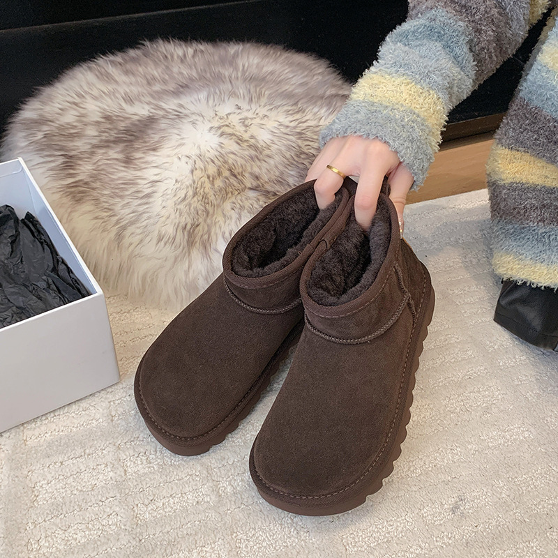 跨境外贸周冬雨厚底3cm 雪地靴松糕跟圆头短靴牛皮厚底靴棉鞋靴轻