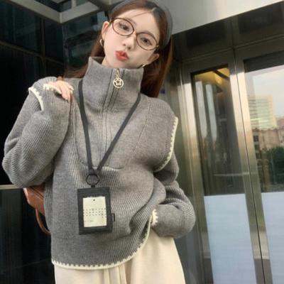 拉链半高领毛衣女春秋小个子宽松慵懒风设计感拼接灰色打底针织衫