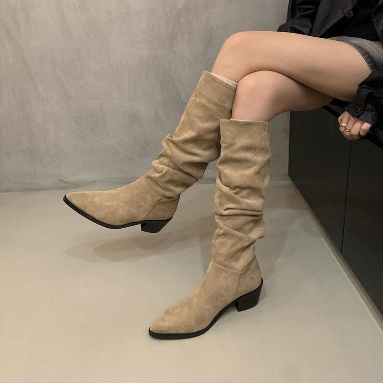 粗跟堆堆长筒骑士靴女2025秋季新款褶皱不过膝瘦瘦高筒长靴子