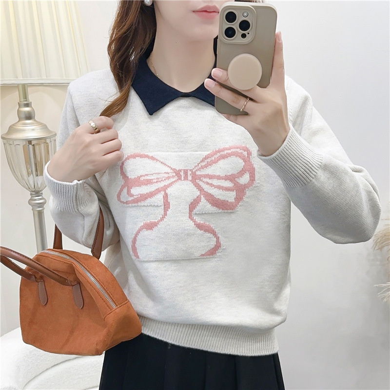 娃娃领毛衣女短款针织衫2025年秋冬新款韩版蝴蝶结刺绣内搭上衣