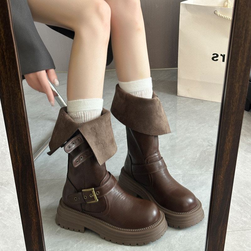 不过膝长筒靴子女款小个子秋冬女靴厚底中筒马丁靴高筒骑士瘦瘦靴