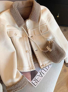 杏色羊羔毛短外套女小个子秋冬季新款宽松加厚皮毛一体上衣A8760