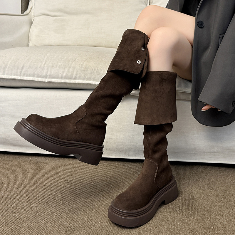 厚底长筒靴女2025新款秋冬季过膝绒面长靴女款显瘦高筒骑士靴子