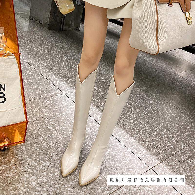 骑士靴粗腿显瘦长筒靴女小个子加绒尖头口不过膝粗跟新品瘦瘦靴