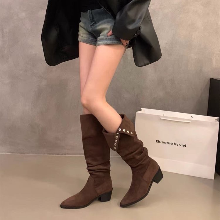 小众设计复古杏色粗跟长筒靴套筒骑士靴女靴