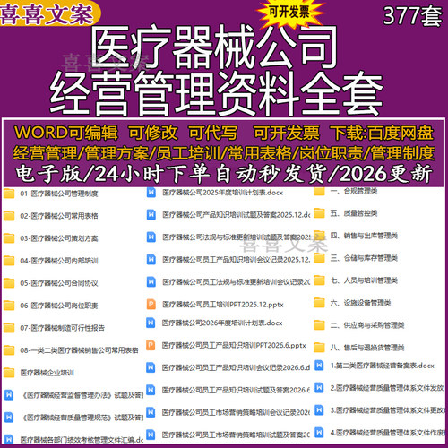 一类二类医疗器械公司管理制度岗位职责操作规程质量体系常用表格
