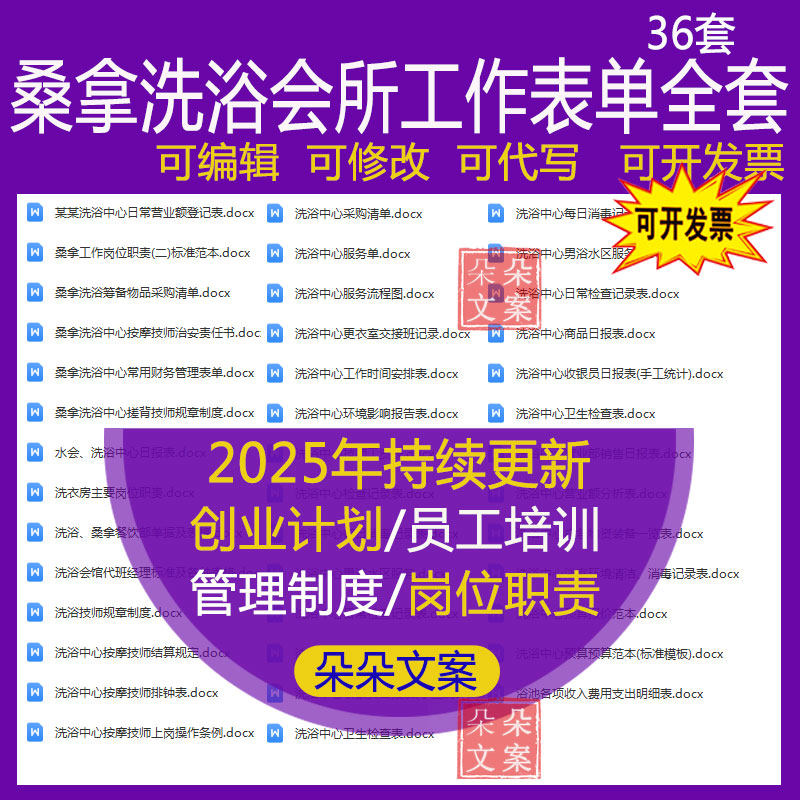 桑拿洗浴筹备物品采购清单餐饮部按摩技师排钟表更衣室交接班记录