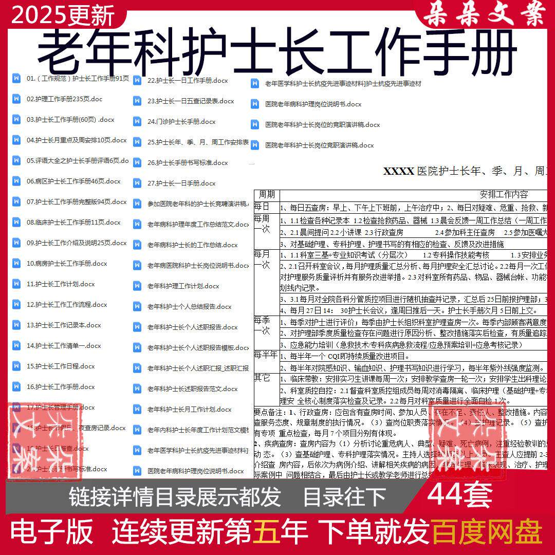 医院老年科护士长工作手册汇编计划总结考核及年季月周工作安排表