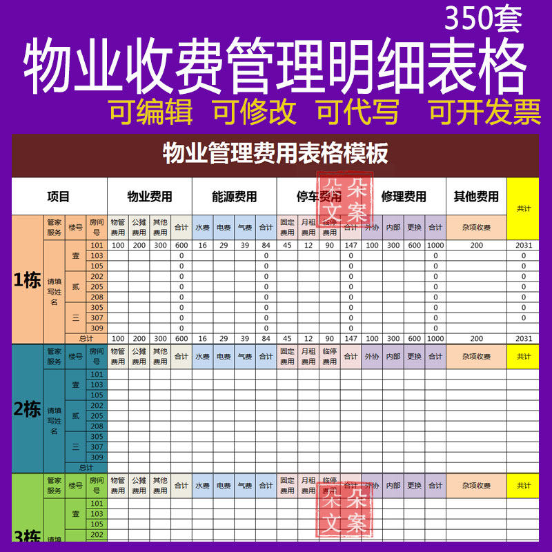 物业财务收费登记统计表Excel表格水电缴费数据分析业主停车维修