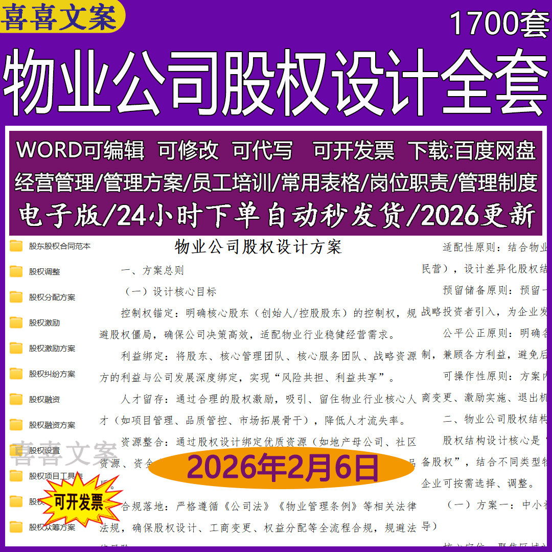 物业公司股权设计激励融资方案员工入股方案入股分红协议保密协议