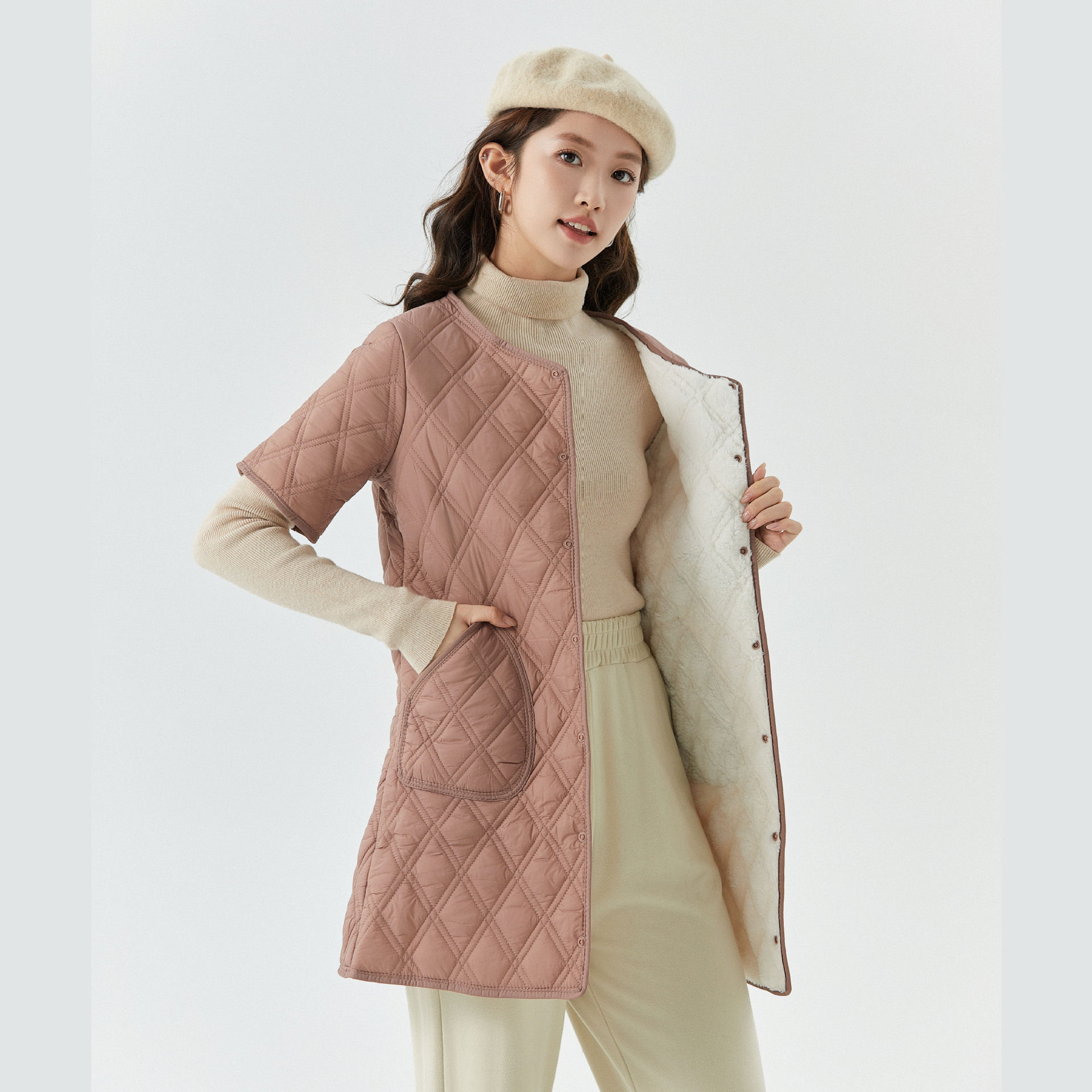女士中长款加厚保暖短袖棉女款家居棉衣上棉服加绒可外穿马甲2410