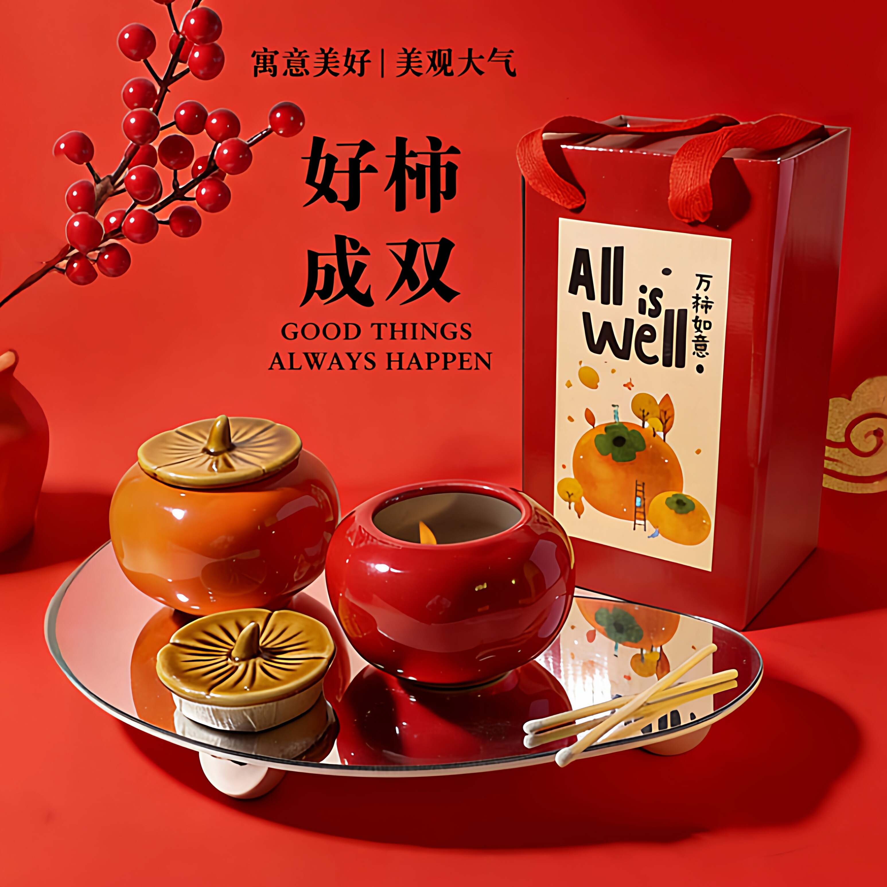 柿柿如意香薰蜡烛送闺蜜伴手礼物生日礼物好事成双新年礼盒乔迁礼