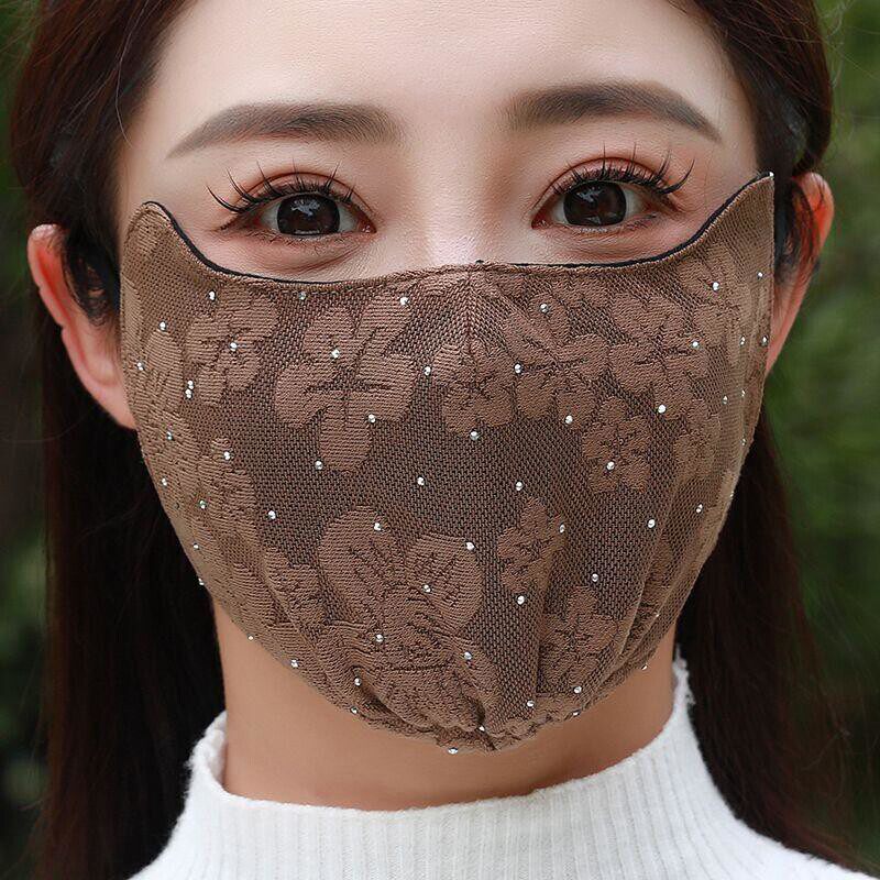 秋冬季新款保暖口罩时尚蕾丝带钻骑行防风轻薄保暖护眼角防寒面罩