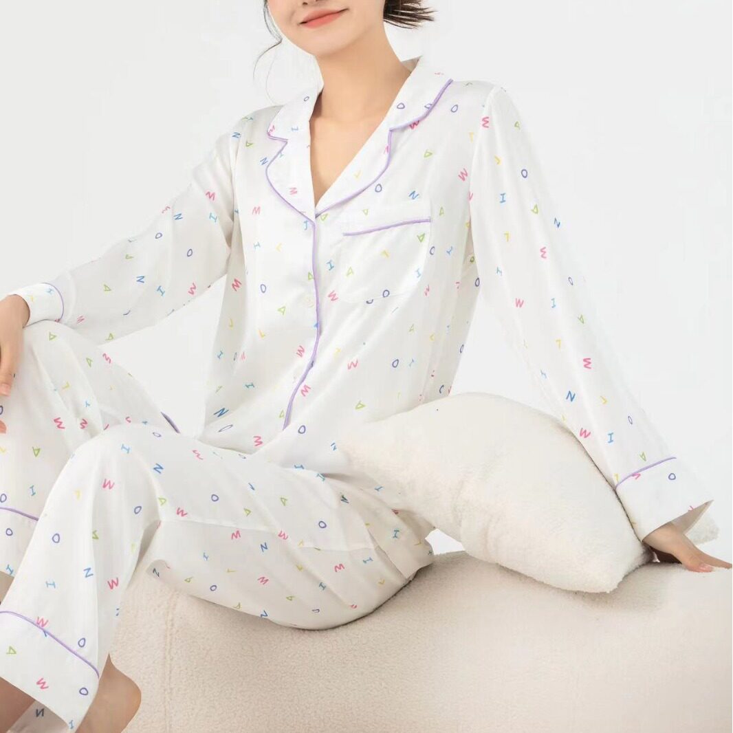 24年夏季彩色英文字母印花紫色线条休闲女士长袖裤睡衣家居服套装