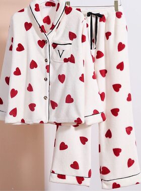 欧美外单双面绒加厚保暖白底红桃心女士长袖裤睡衣家居服套装包邮