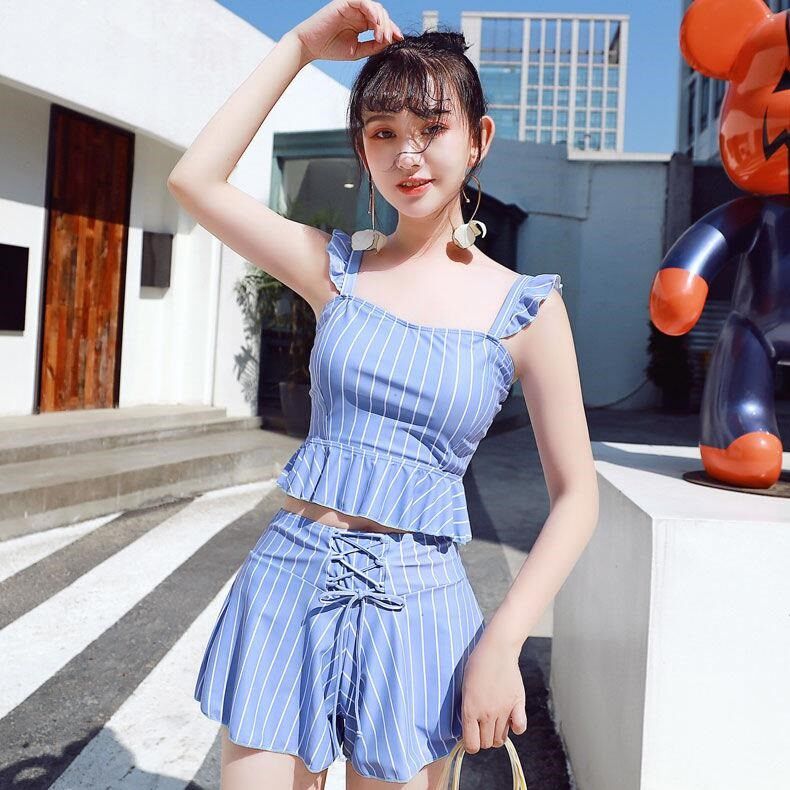 韩版条纹高腰分体泳衣女裙式保守遮肚小胸聚拢学生清新甜美泳装在类目 童装/婴儿装/亲子装, T恤中 - 来自Buy2taobao.com提供专业的淘宝代购服务