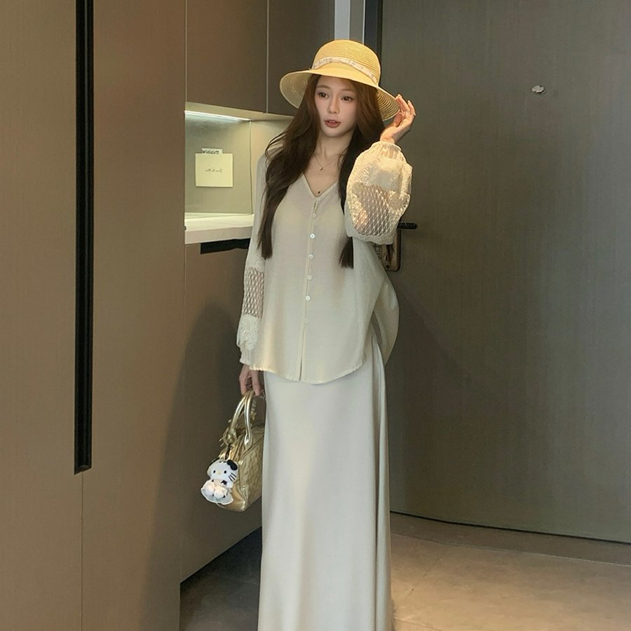 实拍大码女装刺绣V领衬衫女长袖镂空宽松小衫高级感缎面鱼尾裙