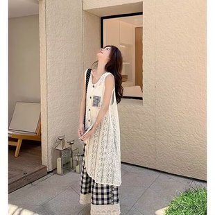 減齡休閑蕾絲馬甲花邊格子長褲 女2025夏學院風文藝三件套 背心套裝