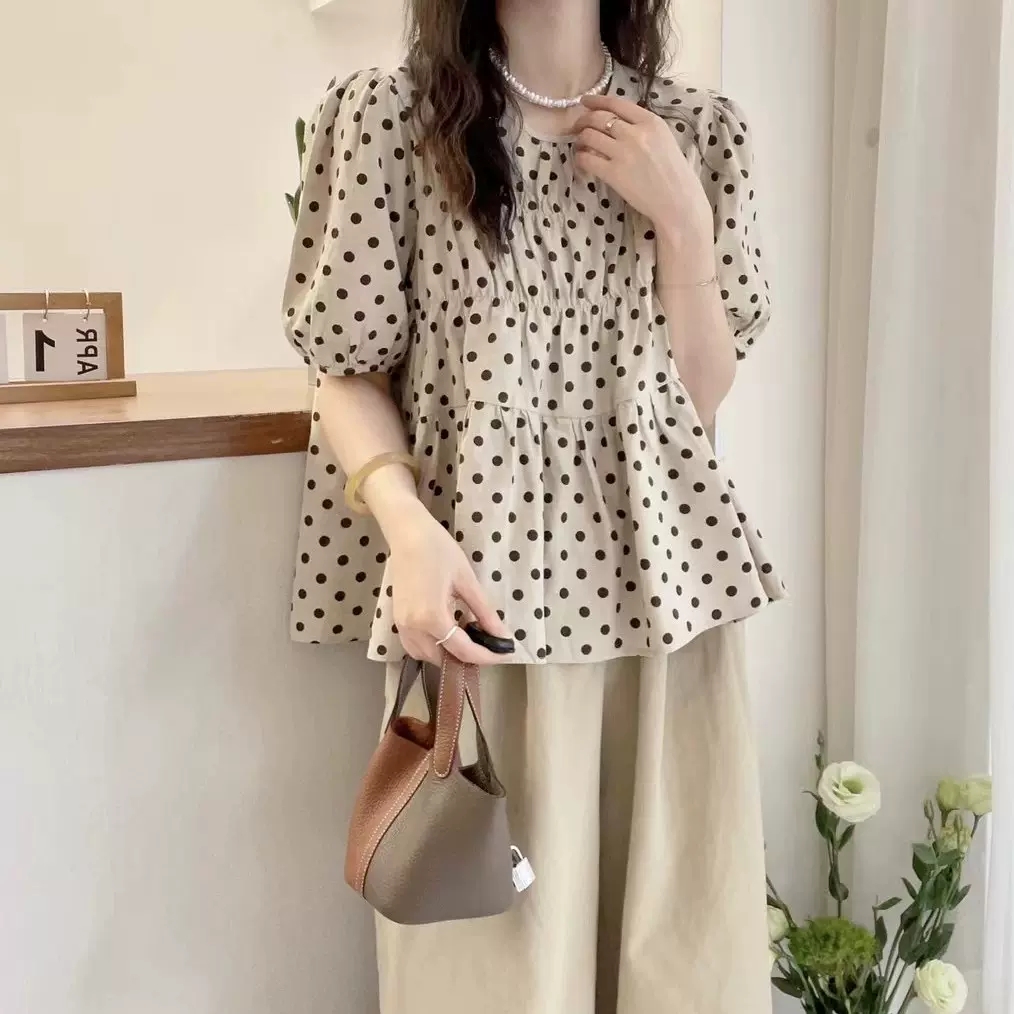 夏装新款泡泡袖波点A字棉麻衬衫欧洲站女装洋气小衫潮M-4XL200斤