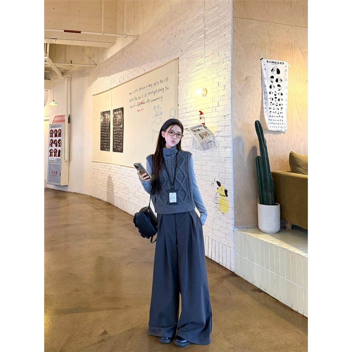 kumikumi气质前后两穿针织马甲半高领T恤女秋冬宽松休闲裤三件套,女装/女士精品,时尚套装,淘宝优惠券,粉丝福利购,淘宝优惠卷