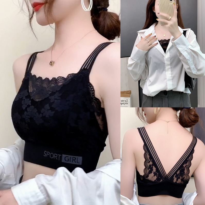 【现货两件减10元】带胸垫无钢圈2023新款美背蕾丝小背心女防走光怎么看?