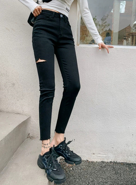【断码清仓，概不退换】夏款侧破洞黑灰色弹力显瘦9分紧身小脚裤
