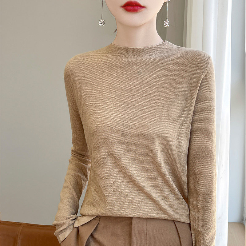 薄款半高领精纺羊毛打底衫女士简约百搭细线针织衫中领毛线衣内搭