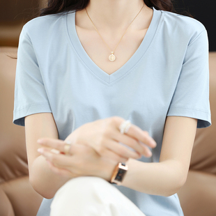 高档双面丝光纯棉T恤女夏V领冰丝蓝色宽松显瘦短袖正肩鸡心领背心