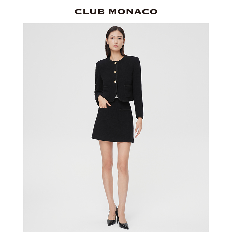 博主同款  CLUB MONACO女装粗花呢A字黑色小香风半身裙