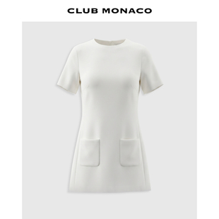 CLUB MONACO女士夏气质通勤圆领短袖直筒口袋短款显瘦收腰连衣裙