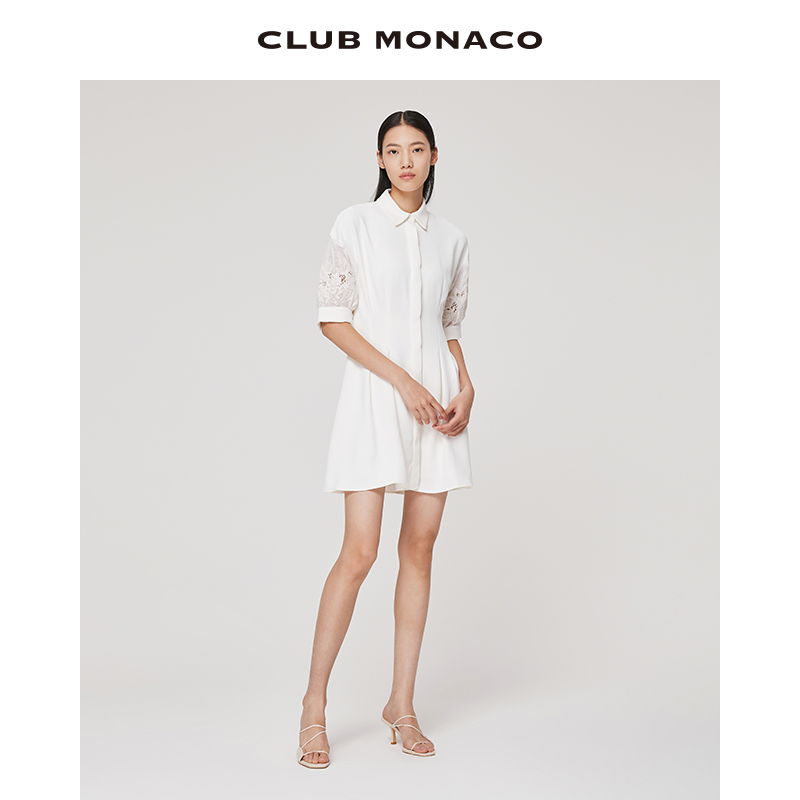 CLUB MONACO女装春夏法式刺绣镂空蕾丝钩花捏褶衬衫连衣裙