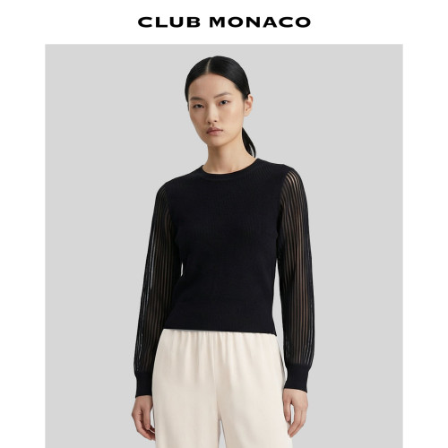CLUB MONACO女士慵懒竖纹透长袖针织欧根纱泡泡袖上衣T恤