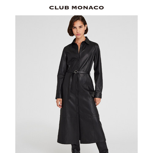 CLUB MONACO女装质感羊皮A字收腰轻熟摩登风衣式连衣裙