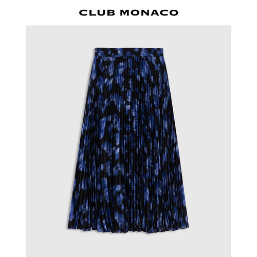 CLUB MONACO女士夏蓝黑晕染印花百褶半裙高腰垂坠中长款百褶半裙
