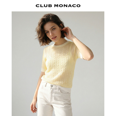 CLUB MONACO女士休闲圆领短袖针织天丝绞花闪亮丝光拼色上衣