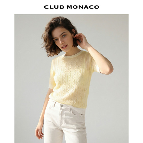 CLUB MONACO女士青春圆领针织罩衫天丝绞花拼色设计感闪亮丝T恤