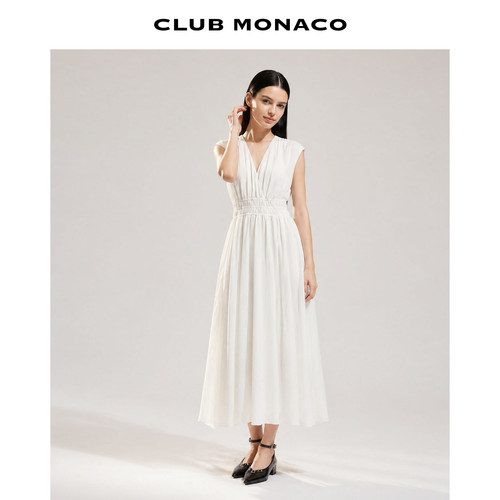 CLUB MONACO女士夏极简围裹式V领肌理皱感打揽收腰法式茶歇连衣裙
