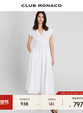 CLUB MONACO女装千金感连衣裙桑蚕丝混纺白色A字收腰V领连衣裙