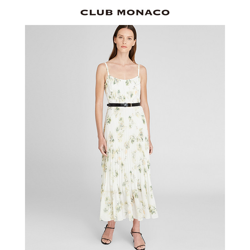 CLUB MONACO女装印花清新甜美飘逸田园风吊带百褶连衣长裙