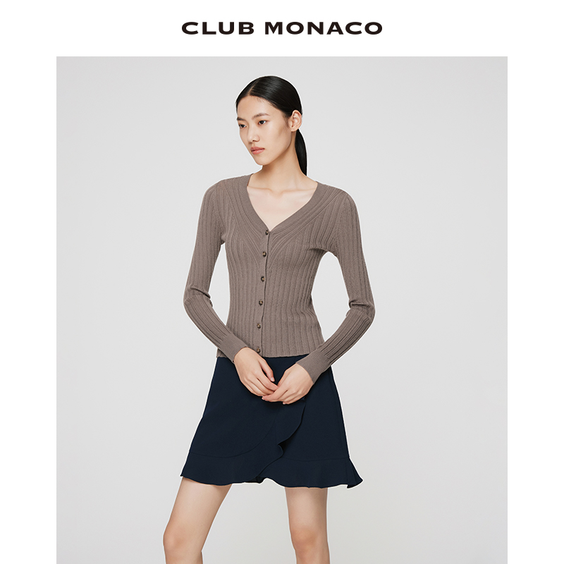 CLUB MONACO女装优雅秋冬羊毛竖条纹修身毛衣针织开衫