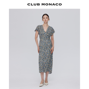 CLUB MONACO女装开叉碎花茶歇裙小飞袖V领长裙连衣裙