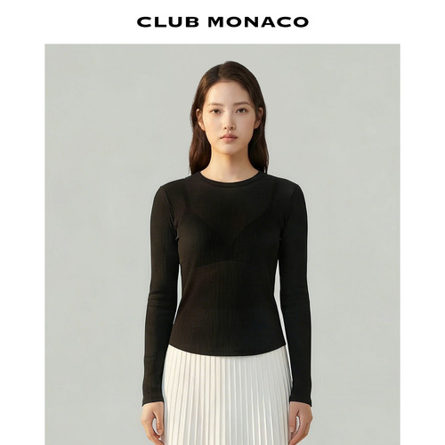 CLUB MONACO女士春夏圆领长袖坑条修身显瘦肌理感基础T恤针织衫