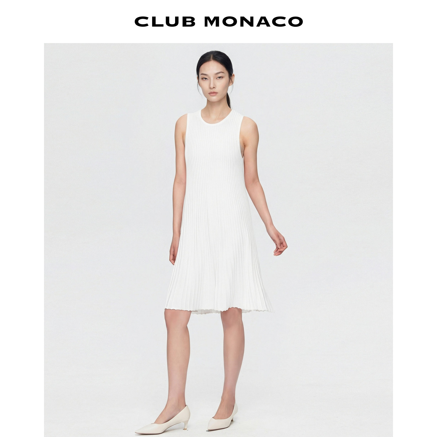 【桑蚕丝混纺】CLUB MONACO女士褶皱坑条白色亮闪工字型连衣裙