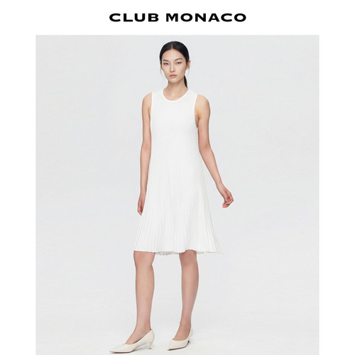 CLUB MONACO女士含桑蚕丝亚麻褶皱条纹白色工字型连衣裙