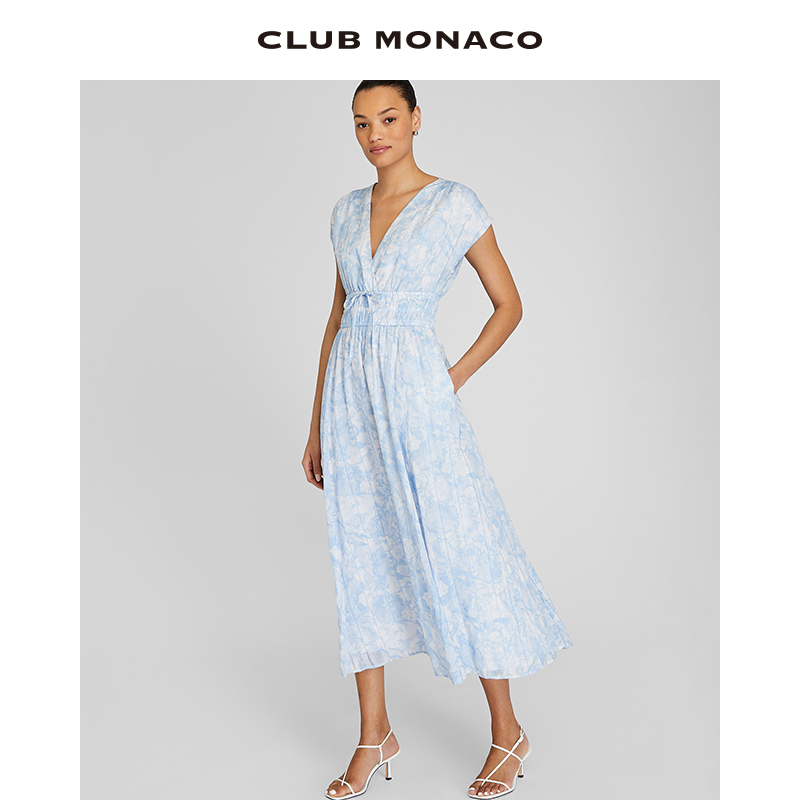 桑蚕丝蓝白印花连衣裙